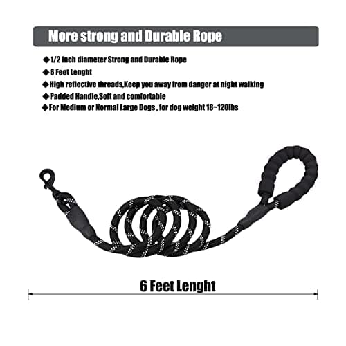PETESCORT Strong Heavy Duty Dog Leash for Large Dogs with Padded Handle - 6FT,10FT,15FT,30FT,50FT Long Dog Leads, Durable Pet Training Leash for Medium & Small Dogs (6FT1/2Inch,Black) — view 3