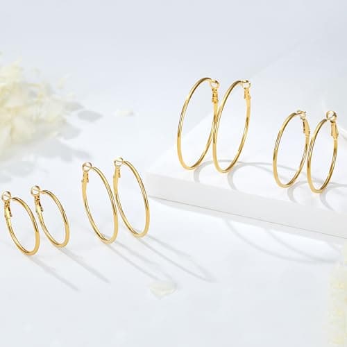 PICKBEAU Gold Large Hoop Earrings for Women | 14K Real Gold Plated Hypoallergenic Big Round Circle Hoops Women's Loop Earrings Set for Women(30/40/50/60mm) — view 2