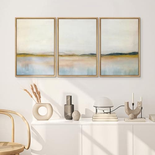 SIGNWIN Framed Canvas Print Wall Art Set Grunge Watercolor Pastel Lake Landscape Nature Abstract Illustrations Fine Art Decorative Nordic Rustic for Living Room, Bedroom, Office - 16"x24"x3 Natural — view 2