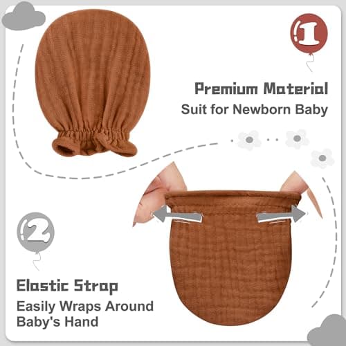 Pro Goleem 3-Pack Muslin Baby Mittens for Newborn, 100% Cotton No Scratch Soft Breathable Gloves with Elastic Strap for Baby Boy and Girls 0-6 months, Brown Beige Grey — view 4