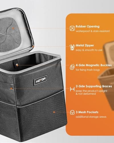 HOTOR Car Trash Can with Lid and Storage Pockets - 100% Leak-Proof Organizer, Waterproof Garbage Can, Multipurpose Trash Bin for Car, 2 Gallons, Black — view 2