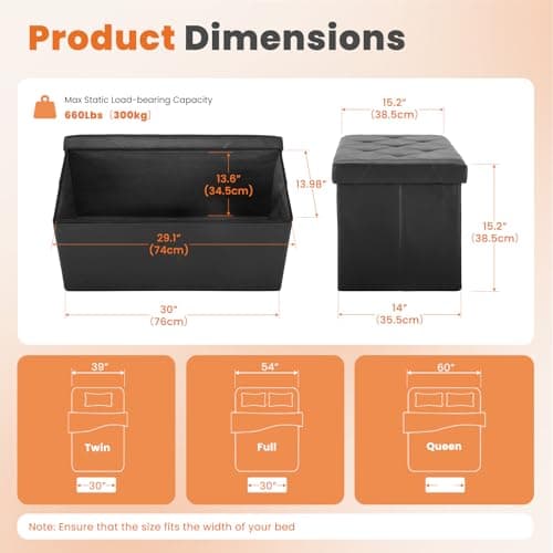 Sweetcrispy 30 Inches Folding Ottoman with Storage Bench, Foot Rest Stool, End of Bed Storage Bench Upholstered, Load 660 lbs, for Living Room, Lychee Grain Leather, Black — view 2