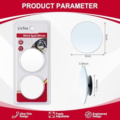 LivTee Blind Spot Mirror, 2" Round HD Glass Frameless Convex Rear View Mirrors Exterior Accessories with Wide Angle Adjustable Stick for Car SUV and Trucks, Pack of 2 — view 2