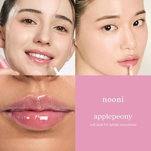 NOONI Vegan Korean Appleseed Lip Oil - Applepeony | Lip Stain, Long Lasting Hydration, Plumping, Moisturizing for Dry Lips, Peony Extract, Lip Gloss Makeup, 0.12 Fl. Oz. Baby Pink, Gifts for Women