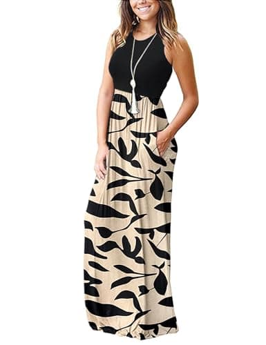 WNEEDU Womens Maxi Dress 2026 Summer Sleeveless Dress Casual Long Swing Dresses with Pockets (Apricot Black Leaves,S)