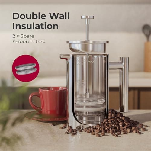 MuellerLiving French Press Coffee Maker 20oz, Stainless Steel French Press Coffee, 4 Filter Heat Resistant Double Insulated, Rust-Free, Food Grade, Dishwasher Safe Coffee Pot — view 4