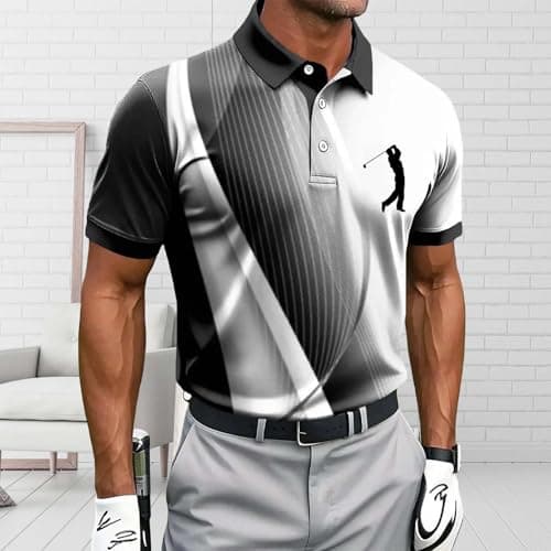 Golf Shirts for Mens Geometric Print Short Sleeve T-Shirts Quick Dry Button Up Collared Tops Calssic Tennis Hiking Top — view 2