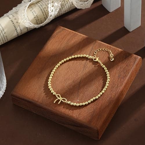 Bykuvo Gold Ankle Bracelets for women,14k Gold Plated Waterproof Layered lightweight Bow Beaded Chain Ankle Bracelets Set Gold Anklets for women Trendy Summer Beach Jewelry Gift for Women — view 4