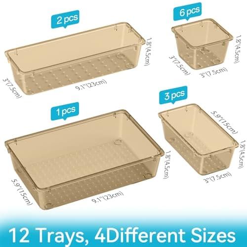 ElegantArray 12 PCS Drawer Organizer Set, 4 Sizes Tool Storage Trays, Clear Plastic Makeup Vanity Organizer and Storage Bins for Stationeries, Multiple Gadgets for Office, Bedroom, Champagne — view 3