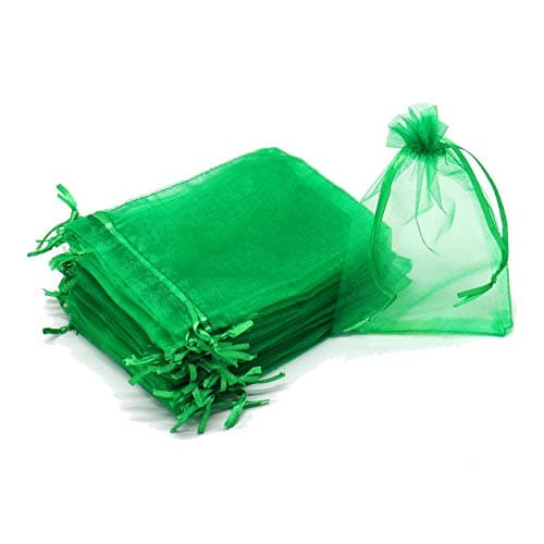 Bezall 100Pcs 3x4 Inch Green Organza Bags with Drawstring, Christmas Small Mesh Jewelry Gift Pouches Baby Shower Party Favor Bags