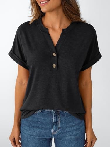 AUTOMET Short Sleeve Shirts for Women Dressy Casual Summer Tops 2026 Henley Spring Fashion Teacher School Outfits Work Blouses Trendy Cozy Cute Plus Size T-Shirts Business Clothes Black S