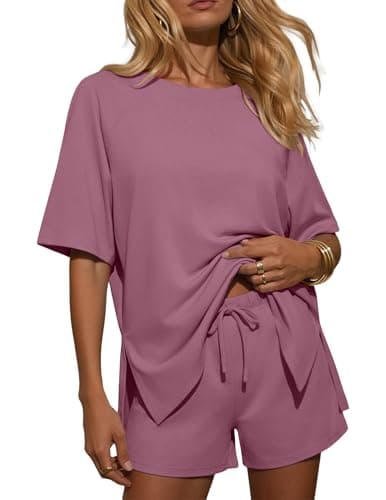 Ekouaer Two Piece Sets for Women Summer Lounge Short Sets Moisture-Wicking Casual Airport Travel Matching Outfits,Old Rose,Large