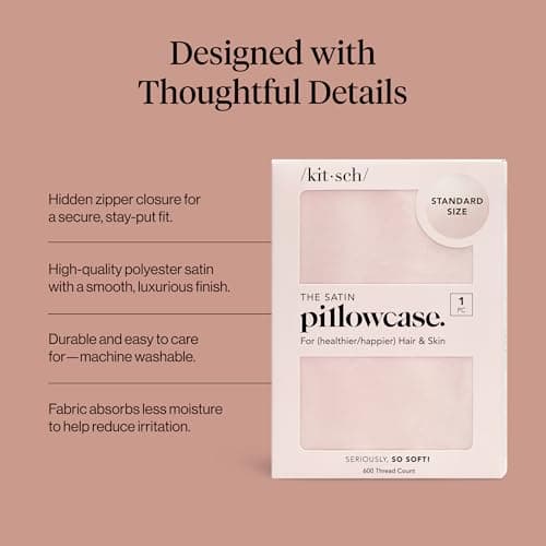 Kitsch Satin Pillowcase with Zipper for Hair & Skin, Softer Than Silk Pillow Cases Queen, Smooth Pillow Covers, Machine Washable, Wrinkle-Free, Cooling Satin Pillow Cases Standard Size 19"x26", Blush — view 2