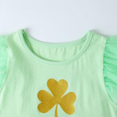HILEELANG Toddler Girl Green Clover Dress Lucky Shamrock Tulle Outfit with Bow St Patrick’s Day Spring Party Clothes for Kids 4T — view 4