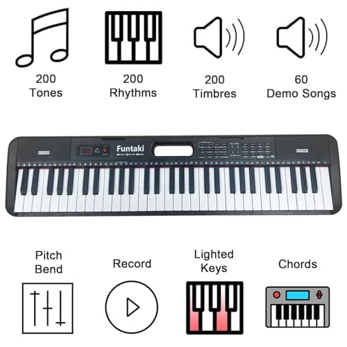 Funtaki 61-Key Electronic Keyboard Piano for Adults with Light Up Keys, 61 Compact Keys Digital Pianos - Perfect Beginner Piano Black