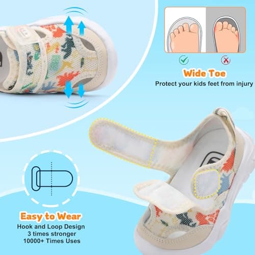 JOINFREE Closed Toe Water Sandals for Toddlers Wide Fit Quick-Dry Aqua Shoes with Anti-Collision Toe for Summer Activities Beige Dinasour Size 8 — view 4