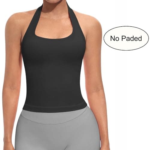 JN JANPRINT Longline Women's Halter Tank Top Backless Scoop Neck Seamless Workout Gym Yoga Crop Top Black
