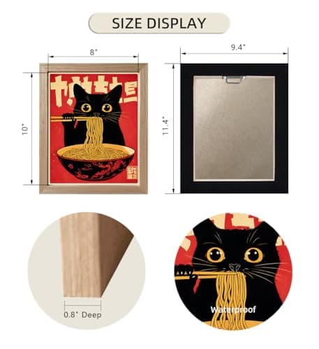 Framed Cat Ramen Print Posters Japanese Kitchen Canvas Wall Art Japandi Wall Decor Minimalist Painting Dining Room Picture Wall Decor for Home