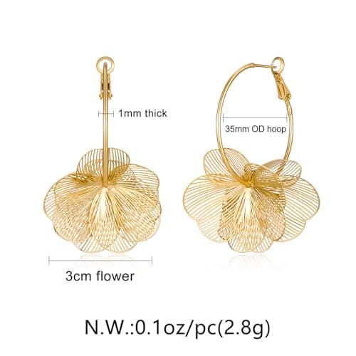 FAUTHENTICUTE Gold Flower Dangle Earrings for Women Big Lightweight Floral Statement Earrings With Thin Gold Hoop Trendy Boho Jewelry Gifts For Spring and Summer — view 4
