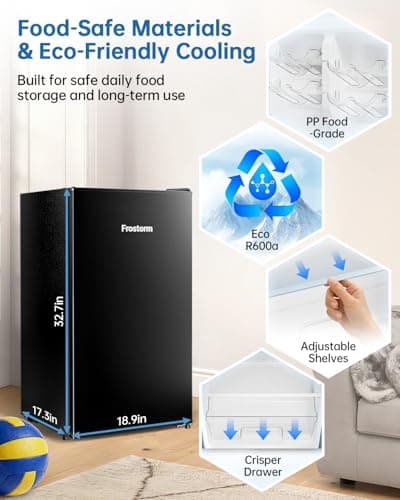 Frostorm 3.2 Cu Ft Mini Fridge with Freezer - Energy Efficient, Large Capacity Single Door Upright Freezer for Bedroom, Office & Dorm | Small Fridge, Reversible Door, ETL Certified(Black) — view 6