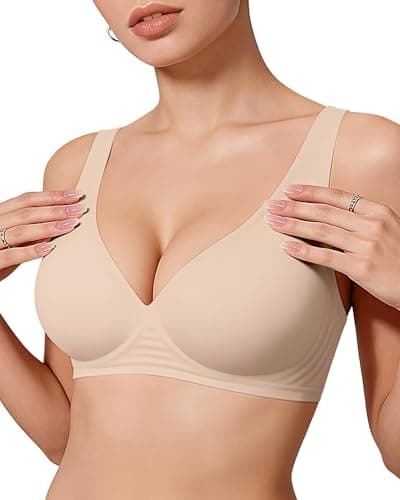 OEAK Womens Deep V Bras Wireless Comfortable Bra Supportive No Underwire Bras Tshirt Push Up Bralettes Plunge Seamless Bra Skin Color S