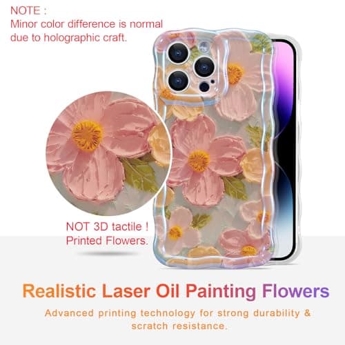 EYZUTAK Case for iPhone 13 Pro Max, Colorful Retro Oil Painting Flower Laser Glossy Pattern Cute Curly Waves Border Exquisite Phone Cover Stylish Durable TPU Protective Case for Girls Women - Green