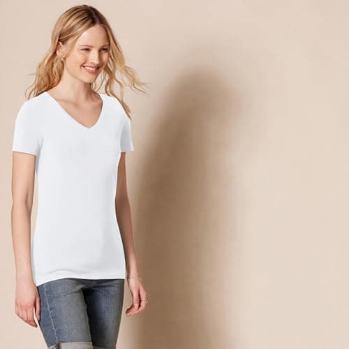 Amazon Essentials Women's Regular-Fit Short-Sleeve V-Neck T-Shirt, Pack of 2, White, Large