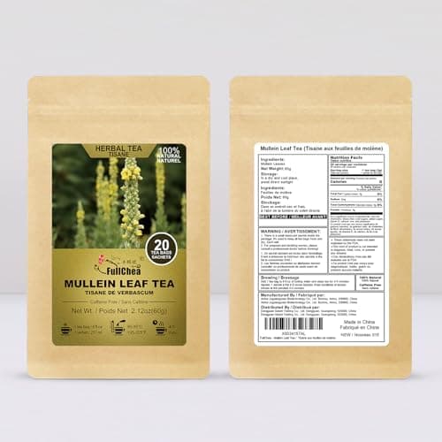 FullChea - Mullein Leaf Tea Bags, 20 Teabags, 3g/bag - Natural Mullein Tea Bags For Lungs - Non-GMO - Caffeine-free - Natural Healthy Herb For Respiratory Support