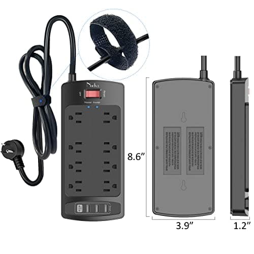 Surge Protector Power Strip - Nuetsa Flat Plug Extension Cord with 8 Outlets and 4 USB Ports, 6 Feet Power Cord, 2700 Joules, ETL Listed, Black — view 6