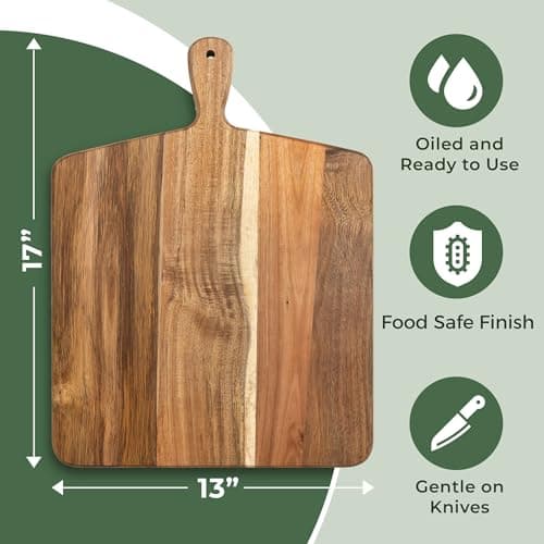 Acacia Wood Cutting Board and Chopping Board with Handle for Meat, Cheese Board, Vegetables, Bread, and Charcuterie - Decorative Wooden Serving Board for Kitchen and Dining Room, Large 17" x 13" — view 2
