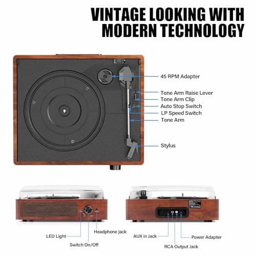 Vinyl Record Player Turntable with Built-in Bluetooth Receiver & 2 Stereo Speakers, 3 Speed 3 Size Portable Retro Record Player for Entertainment and Home Decoration