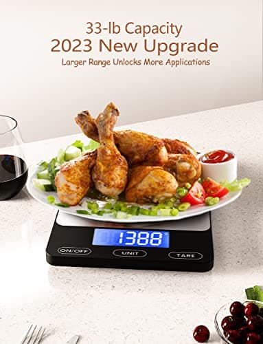 Food Scale -33lb Digital Kitchen Scale for Food Ounces Grams Rechargeable 304 Stainless Steel,Batteries and Type-C Charging | Perfect for Meal Prep, Cooking, and Baking, Black — view 4