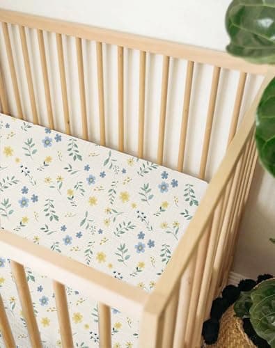 Pack and Play Sheets for Baby Boy and Girl 2 Pack, Neutral Muslin Cotton Pack N Play Mattresses Sheet 27"x39", Muslin Nursery Bedding Soft and Breathable Comfort (Spring Garden & Sage) — view 5