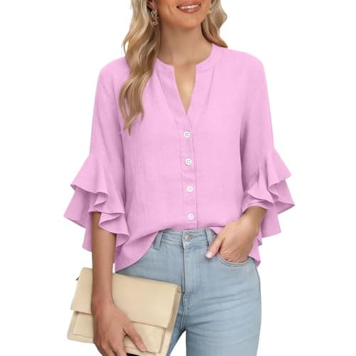 3/4 Ruffle Sleeve Cotton Linen Shirts for Women Dressy V Neck Beach Tunic Tops Elegant Summer Casual Work Blouses Hot Pink — view 5