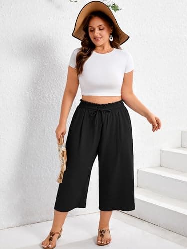 AusLook Plus Size Capri Wide Leg Black 2X Pants for Women with Pockets High Waisted Elastic Drawstring Summer Casual Flowy Straight Lounge Beach Cropped Trousers — view 3
