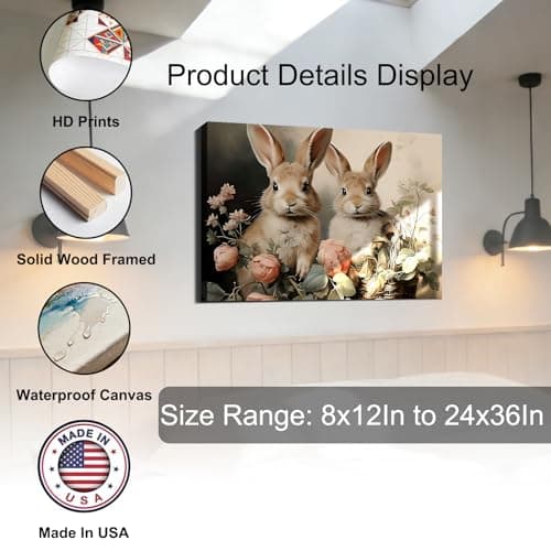 Vintage Festive Easter Bunny Canvas Wall Art 8x12, Framed Cozy Spring Prints Pictures, Easter Rabbit Canvas Artwork for Bedroom, Living Room, Office, Rustic Farmhouse Home Wall Decor — view 4