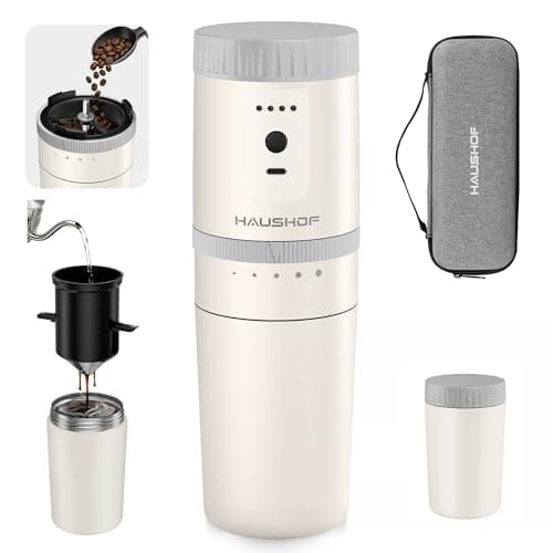 HAUSHOF Portable Coffee Grinder, Camping Coffee Makers, Portable Burr Coffee Grinder and Brewing Kit, Rechargeable, Personal Cordless Coffee Maker for Car, Camping, for Home Use