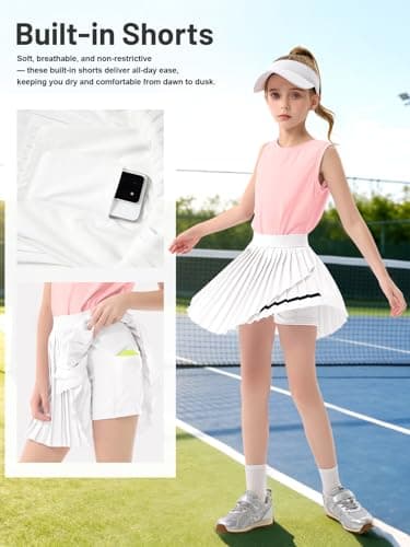 Rolanko Girls Tennis Skirt Set, UPF 50+ Tank Top & Pleated Skort with Built-in Shorts and Pocket Kids 2 Piece Outfit (PinkWhite, 5-6 Years) — view 3