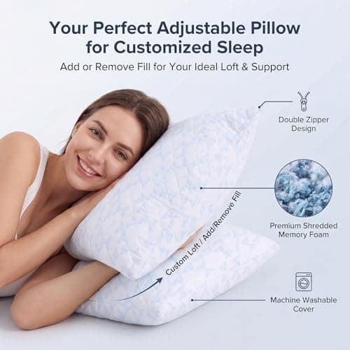 Adjustable Memory Foam Bed Pillows:Queen Size Shredded Foam Pillow Set of 2 for Sleeping with Removable & Washable Pillowcase for Back,Side & Stomach Sleeper-Medium Firm