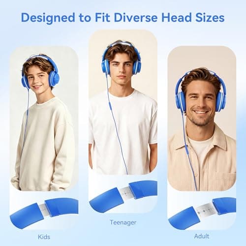 Wired Headphones with Microphone, Over Ear Lightweight Foldable 3.5mm Plug in Corded Headphones Wired with Volume Control, 4.9ft Tangle-Free Cord for Tablet Laptop MP3/4 School Travel Blue White — view 2