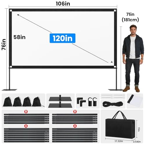 120inch Projector Screen with Stand: Portable Projector Screen Outdoor Indoor Front/Rear16:9 4K HD with Carry Bag Sandbag- Movie Screen for Backyard Moive Night, Camping, Theater — view 3