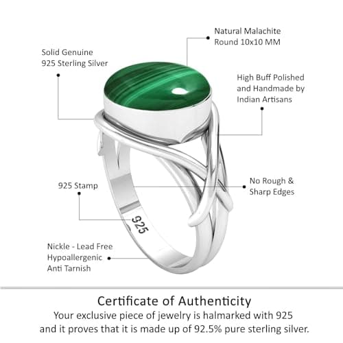 JEWELOPORIUM Green Malachite Silver Ring Size 13, 925 Sterling Silver Ring for Women, Real Round Gemstone Boho Jewelry — view 3