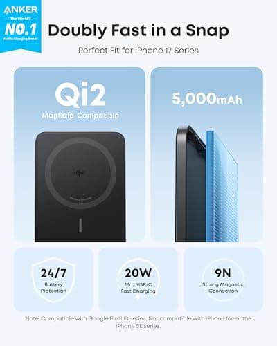 Anker Nano MagSafe Portable Charger, Ultra-Slim 5,000mAh Magnetic Wireless Power Bank, Qi2-Certified 15W Max, Compact for Travel, Ergonomic Design, for iPhone 17/16 Series, and More