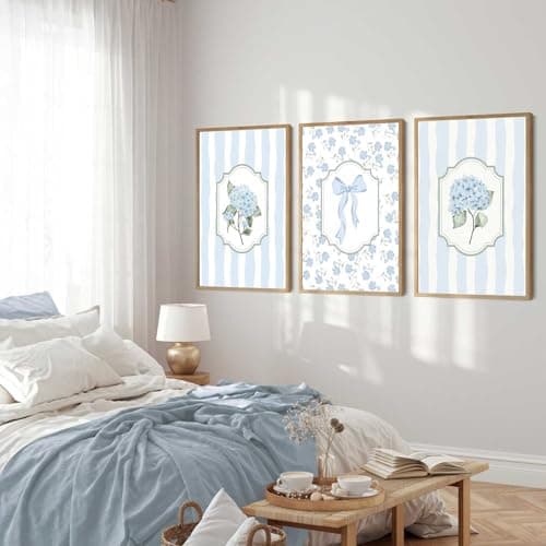 3Pcs Blue Hydrangea Wall Art Trendy Light Blue Striped Watercolor Bow Coquette Pictures Wall Decor Coastal Flower Botanical Aesthetic Posters Prints for Girls Bedroom Dorm Apartment Unframed 12x16in — view 2