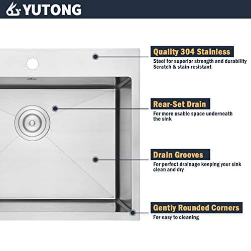 Yutong 31" x 20" Top-Mount/Drop in SS304 Stainless Steel Kitchen Sink Single Bowl Without Grid — view 3