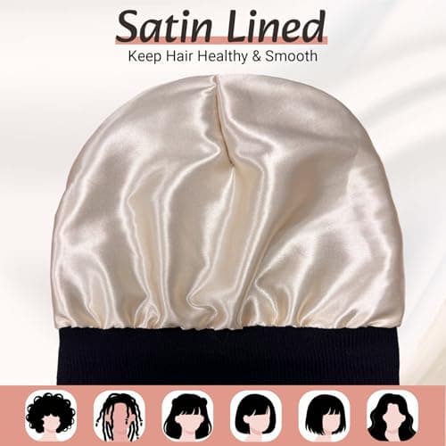 PFFY Satin Lined Beanie for Women Silk Lining Soft Winter Hats Reduce Frizz Knit Beanies Warm Skull Cap Black — view 2
