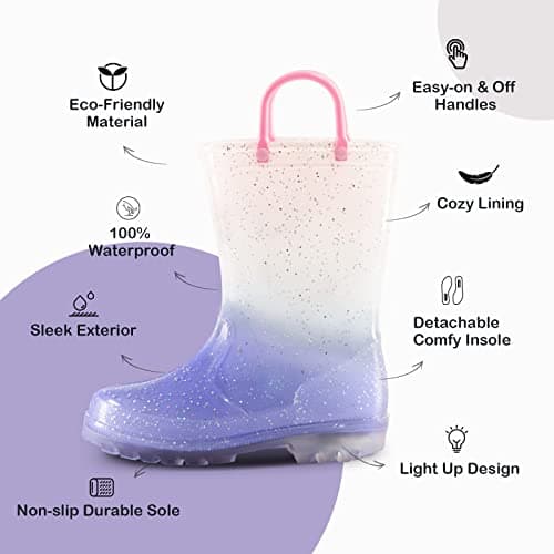 EUXTERPA Kids Toddler Light Up Rain Boots Girls Waterproof Patterns and Glitter Boots with Easy On Handles, Purple Gradient, Little Kid Size 13 — view 2