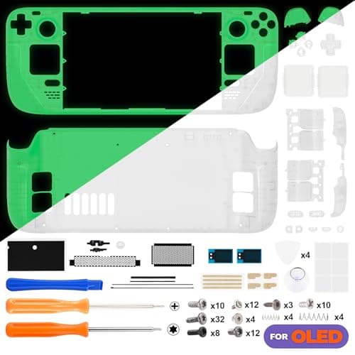 eXtremeRate Replacement Full Set Housing Shell with Buttons for Steam Deck OLED Handheld Console, Custom DIY Glow in Dark - Green Faceplate Back Plate Trackpad Case for Steam Deck OLED Console