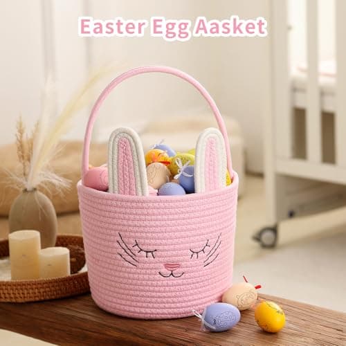 Easter Basket with Handle Woven Baby Gifts Empty Bunny Basket For Girls Boys Kids Gift Baby Shower Wedding Flower (Pink) — view 3