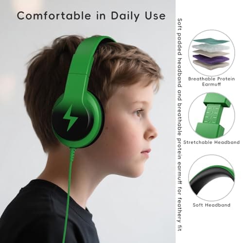 Candy Bila Kids Headphones for School, HD Mic Stereo Sound, 85/94dB Safe Volume, Foldable Wired Over Ear Headphones for Travel, Toddler, Boys, Girls, Tablet, iPad, 3.5mm Jack,Black and Green — view 5